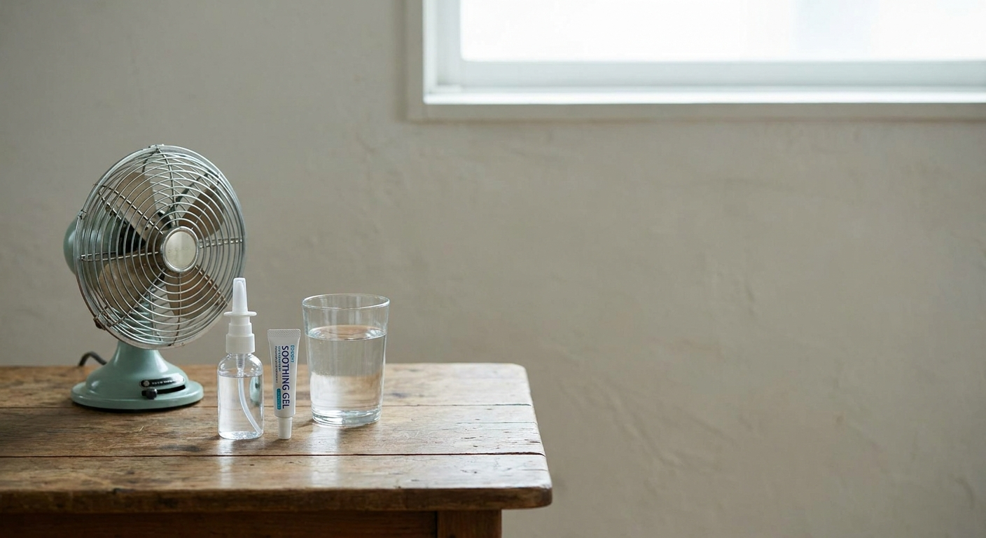 Relief measures: saline spray, nasal gel, water glass, and a small desk fan