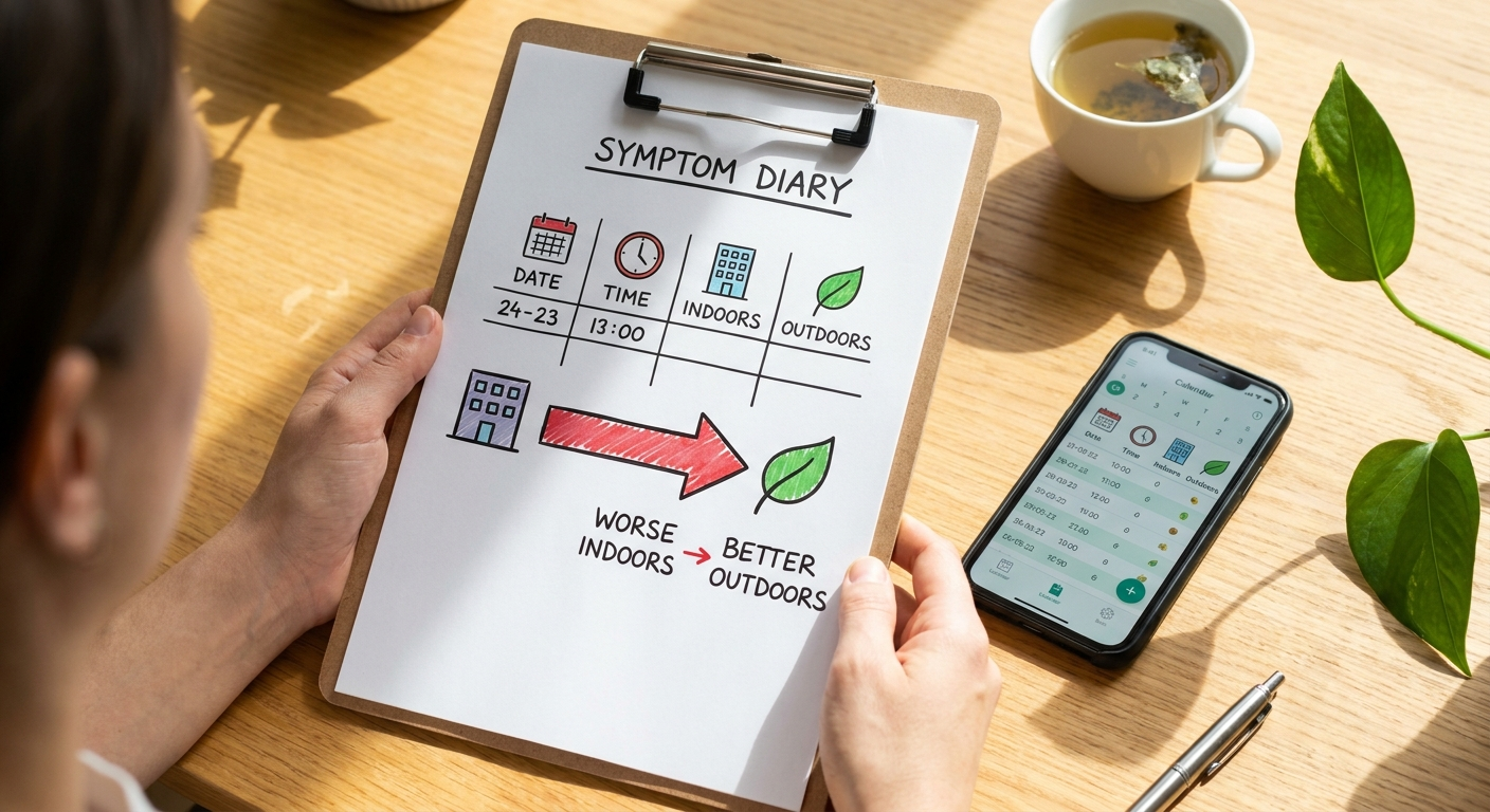Symptom diary with calendar, building, clock, and leaf icons showing worse inside and better outside