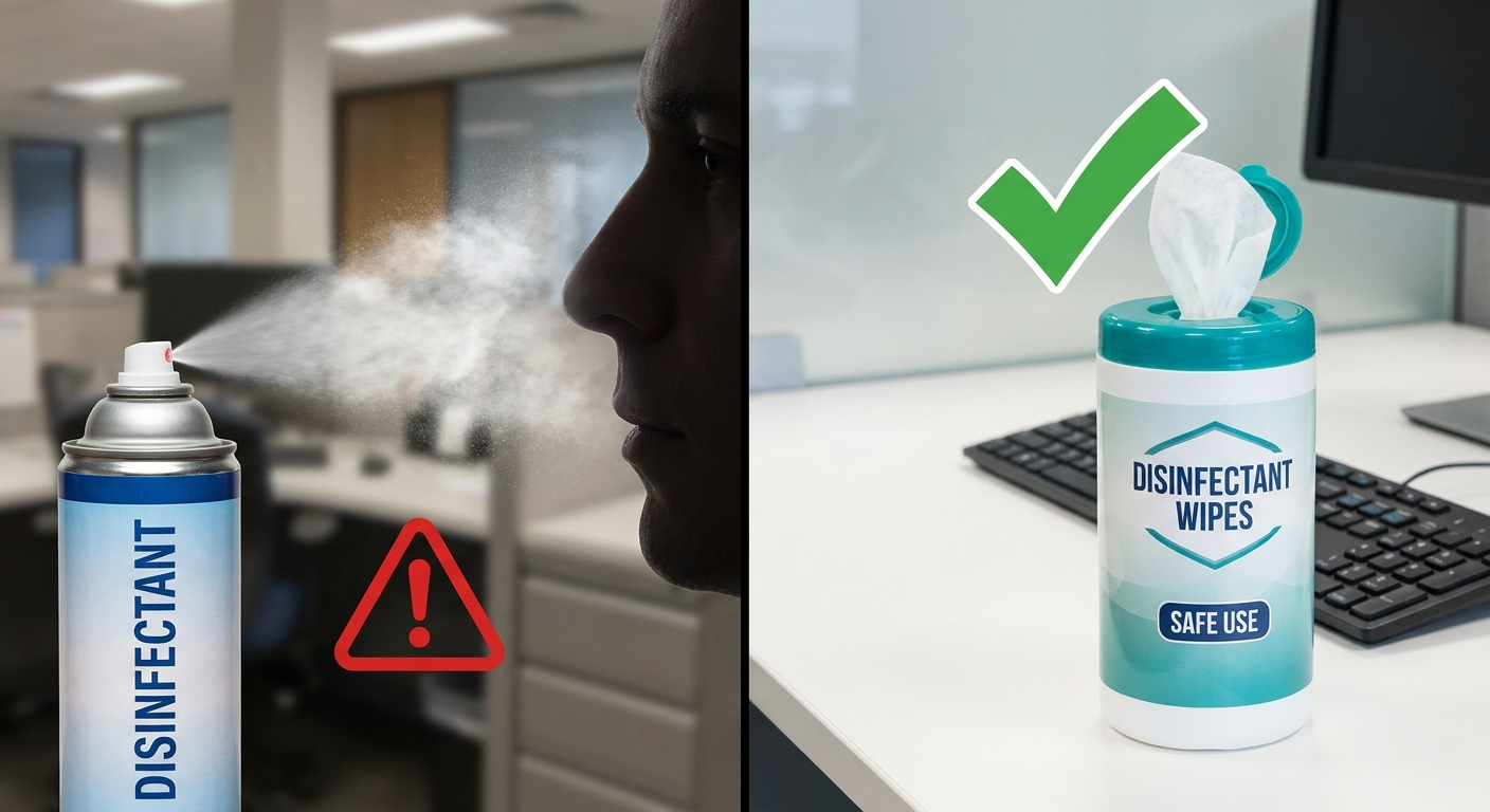 Irritants at work: spray plume toward nose silhouette vs disinfectant wipes with a checkmark