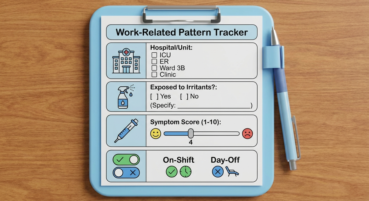 Work-related pattern tracker on a clipboard with hospital/unit, cleaning exposure, symptom score, and on-shift vs day-off indicator