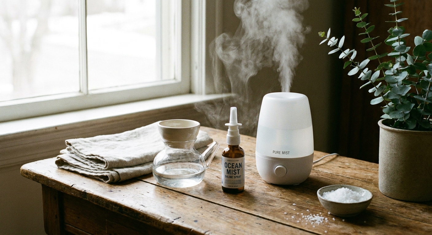 Daily nasal care essentials: saline spray, neti pot, and compact humidifier with steam