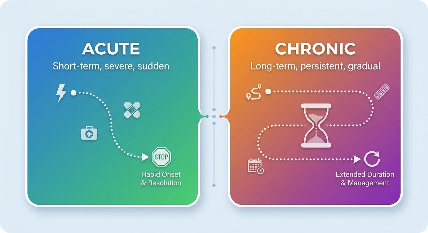 Acute vs. chronic comparison with short vs long timelines and hourglass