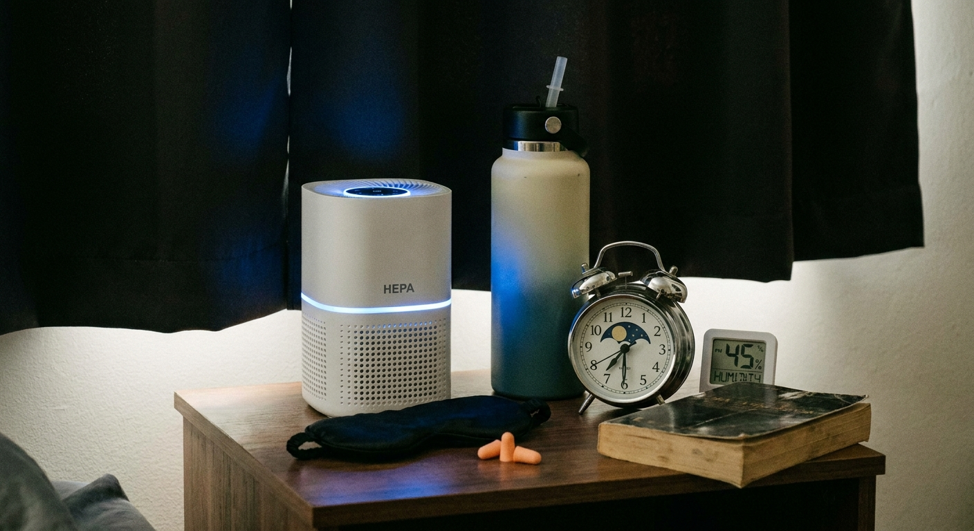 Shift-worker recovery with HEPA purifier, water bottle, analog clock with moon icon, and 45% humidity
