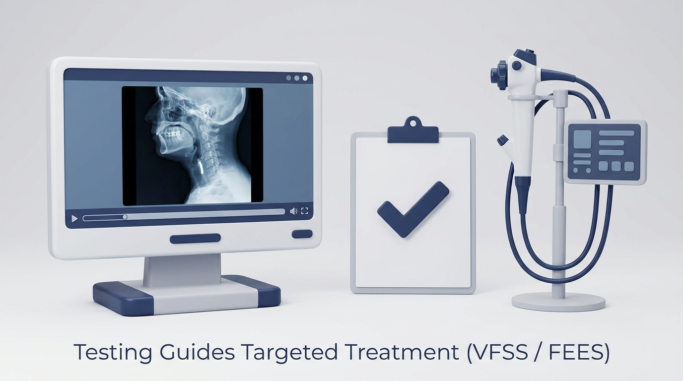 VFSS monitor and flexible endoscope icon with clipboard checkmark; testing guides targeted treatment.