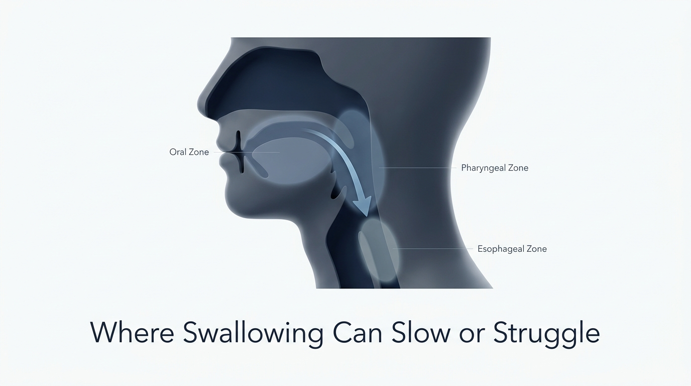 Simplified side-profile head and neck cutaway showing oral, pharyngeal, and esophageal zones with flow arrow.