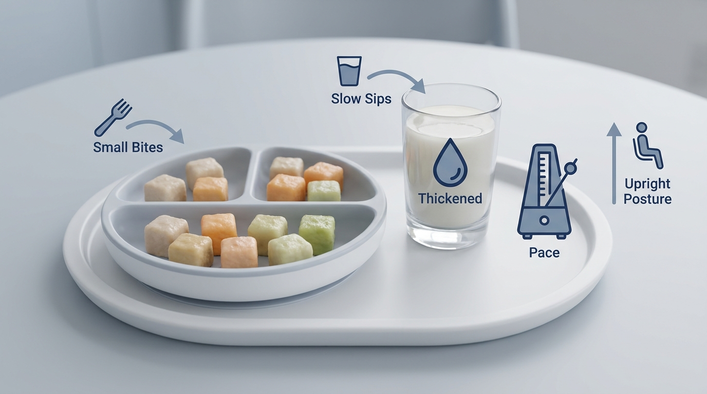 Mealtime tray with icons for small bites, slow sips, alternating sips, and upright posture.