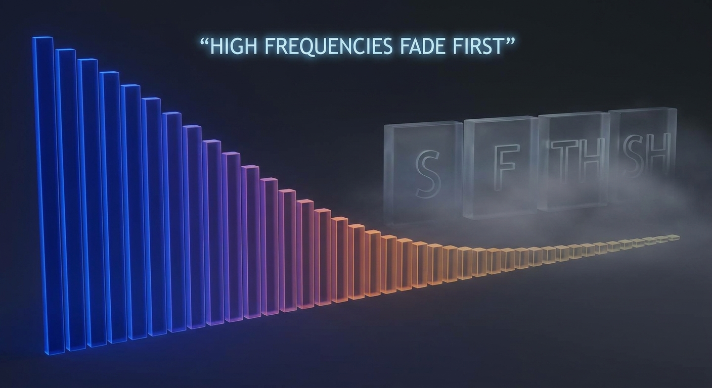 High frequencies fade first: sloping frequency bars with fading S, F, TH, SH letters
