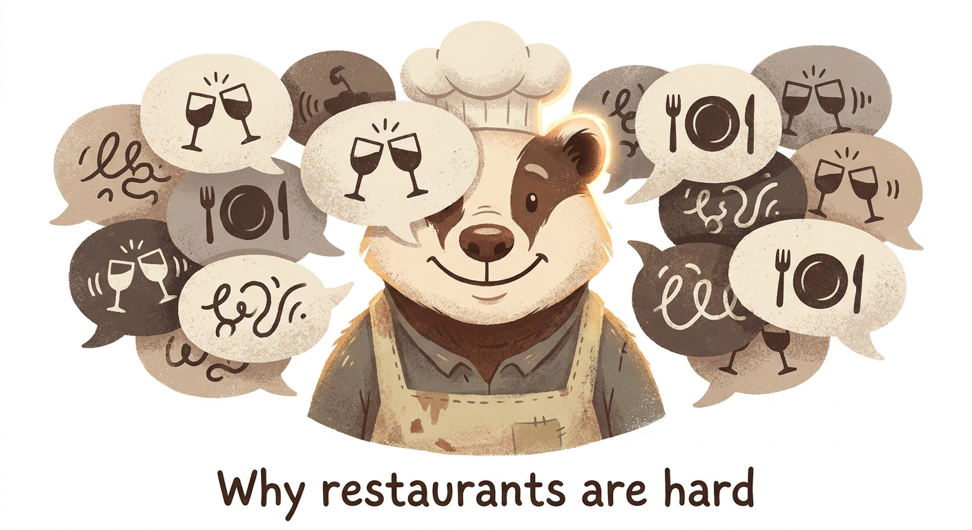Why restaurants are hard: character with noisy speech bubbles and clinking masking clear speech