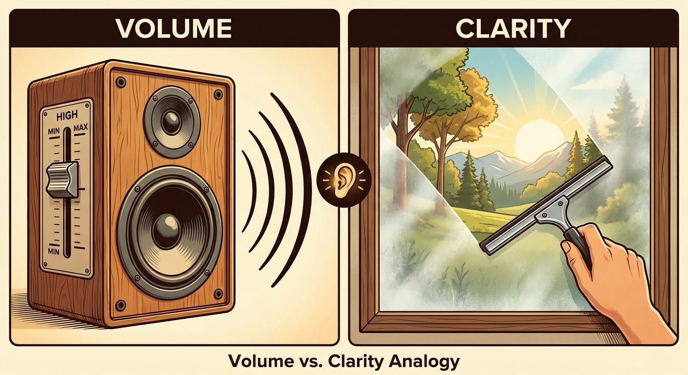 Volume vs clarity: speaker volume slider vs squeegee clearing fogged glass with ear icon between