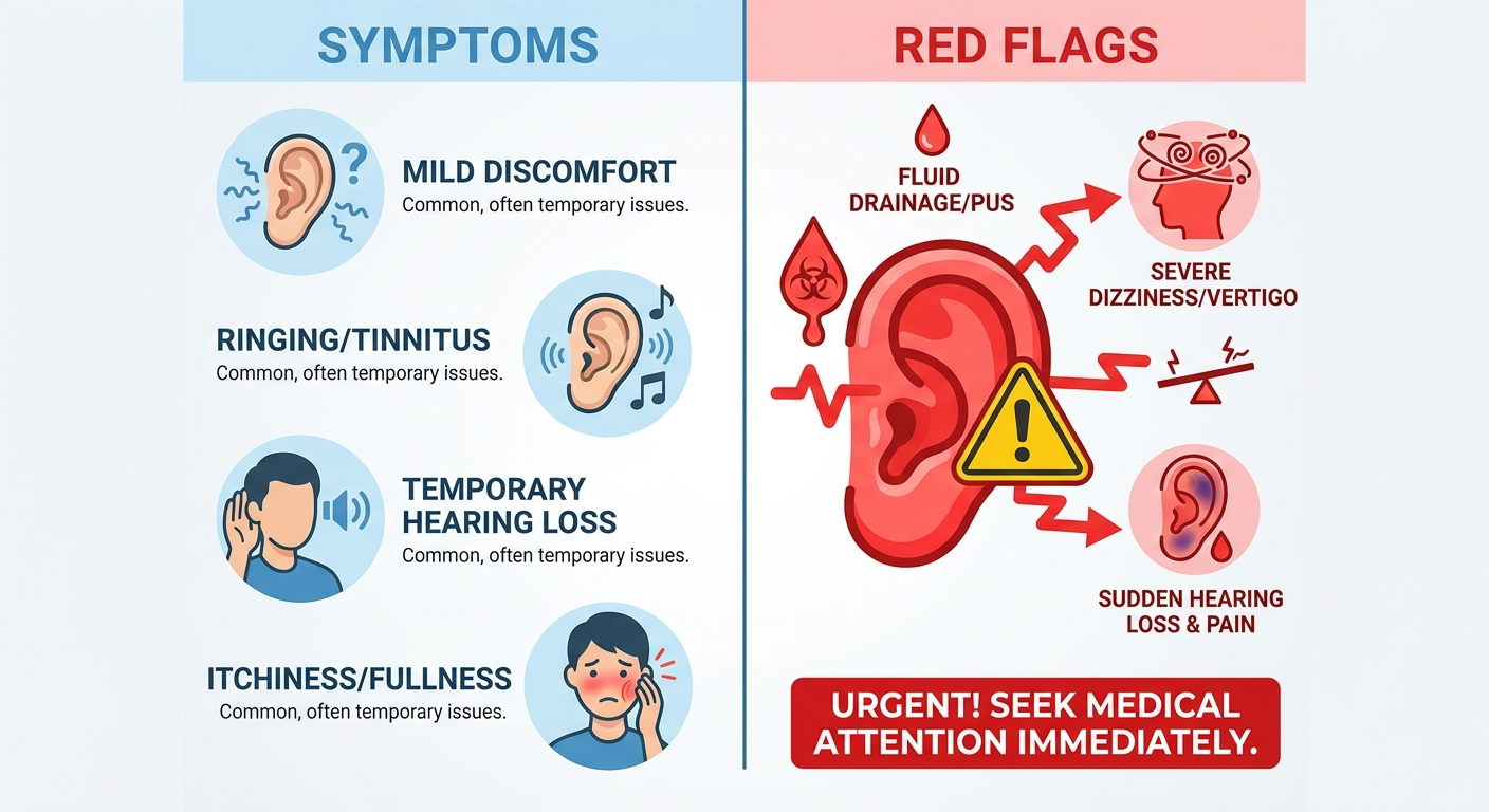 Symptoms vs red flags: icons of common symptoms on left and urgent ear with exclamation on right