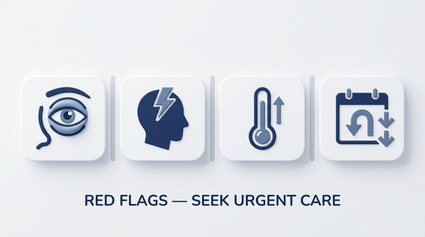 Red flag icons for eye swelling, severe headache, high fever, and worsening symptoms