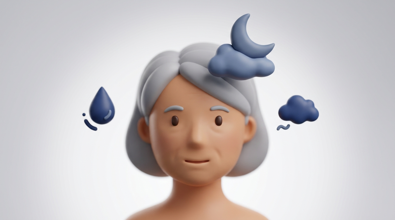 Older adult with icons for post-nasal drip, sleep disruption, and cough