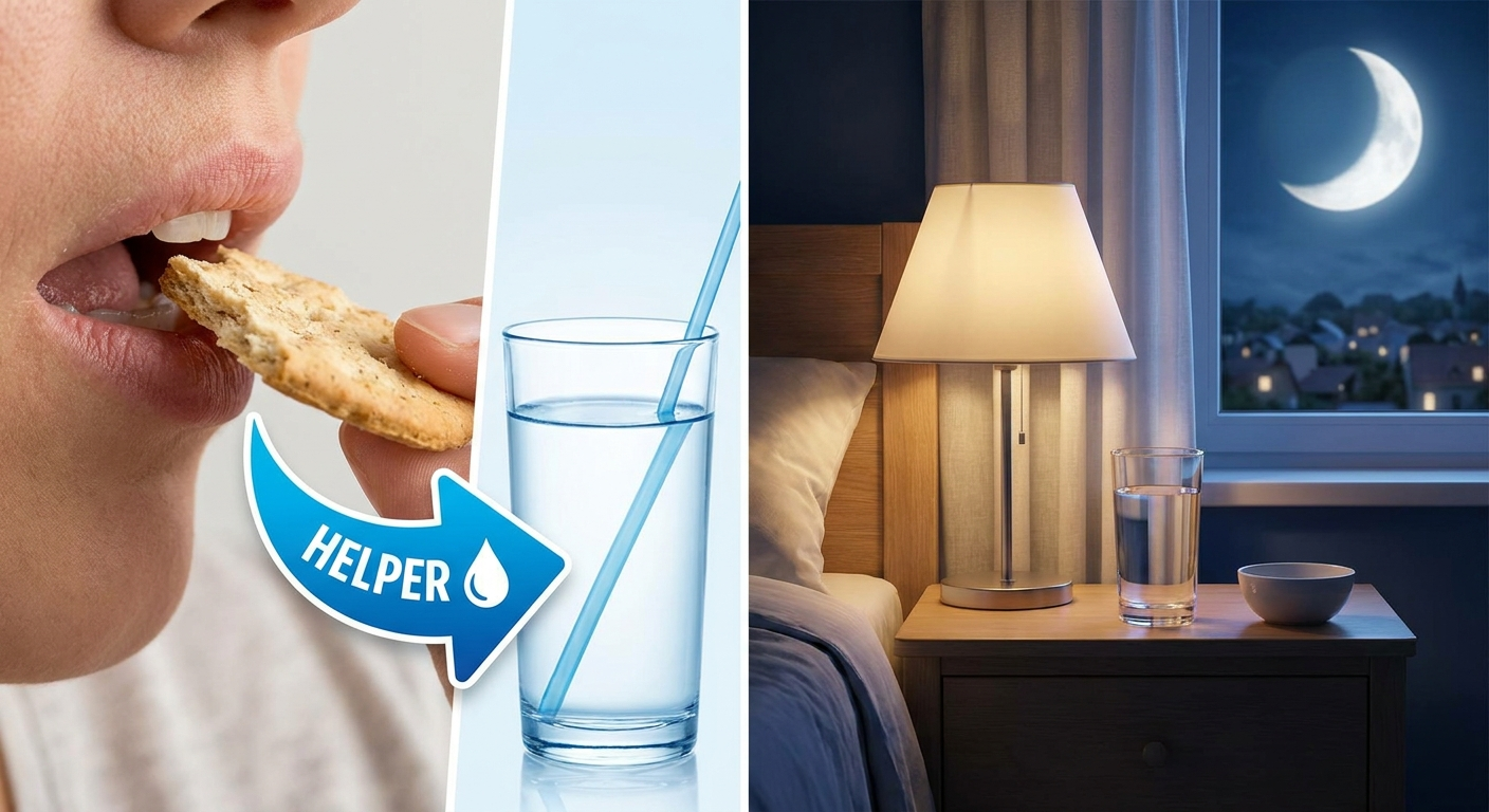 Split scene showing a dry cracker near a mouth with a helper droplet arrow to water on the left, and a nightstand with water glass and moon on the right.