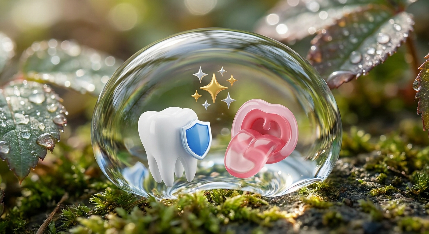 A large water droplet gently hugging three icons: a tooth with shield for protection, a tongue/throat for lubrication/swallowing, and sparkles for taste/cleanliness.