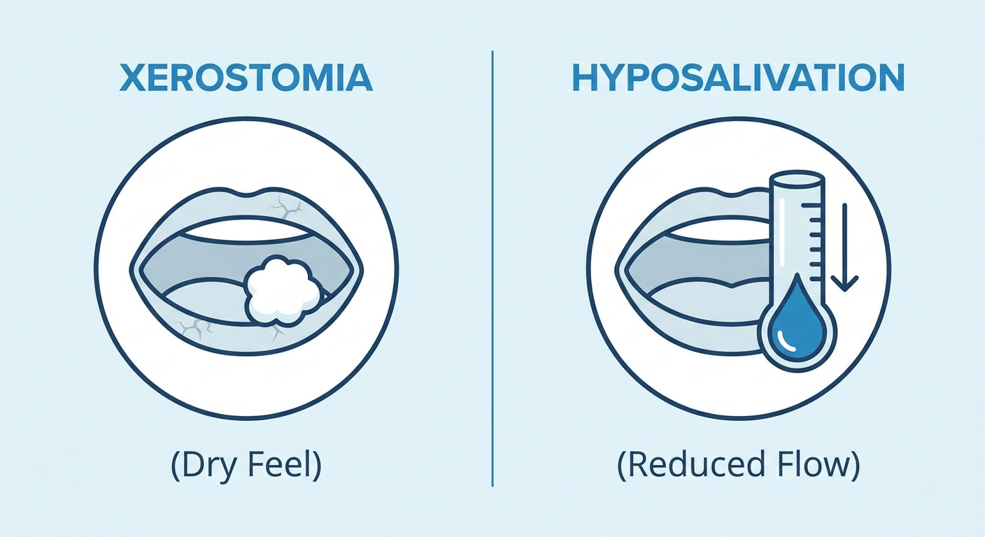 Two side-by-side mouth icons showing xerostomia vs. hyposalivation: left with a tiny cotton-ball puff for dry feel, right with a lowered droplet gauge for reduced flow.