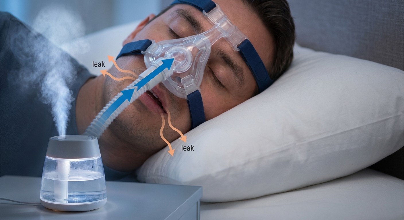 Sleeping head on pillow with nasal CPAP mask, blue airflow into the nose, faint warm mouth leak arrows, and a small humidifier emitting cool mist.