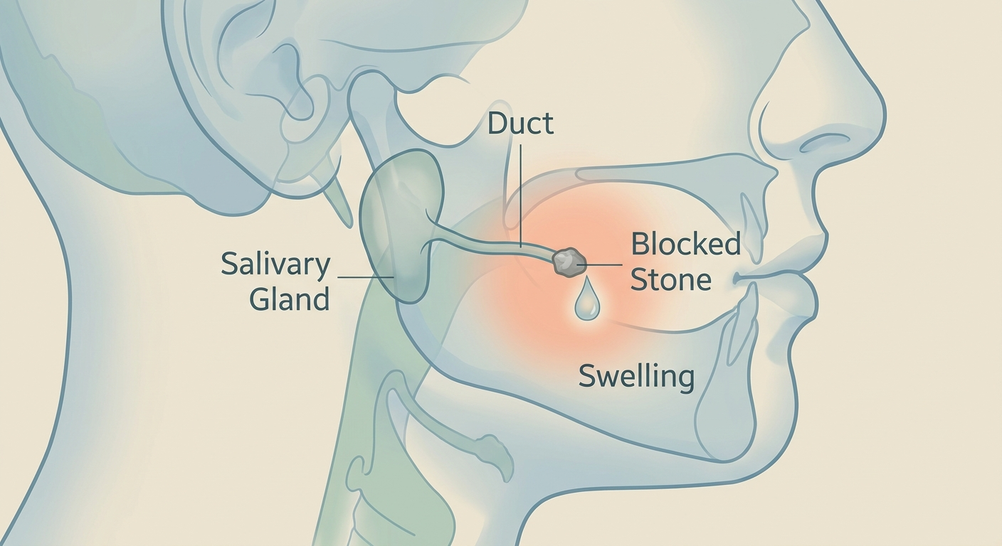 Lower face/jaw profile with simplified salivary gland nodes and a duct blocked by a small stone, with a paused droplet and soft swelling halo.