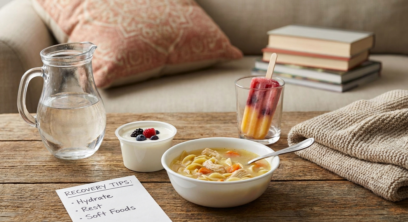 Recovery tips: hydration, soft foods, and rest still-life