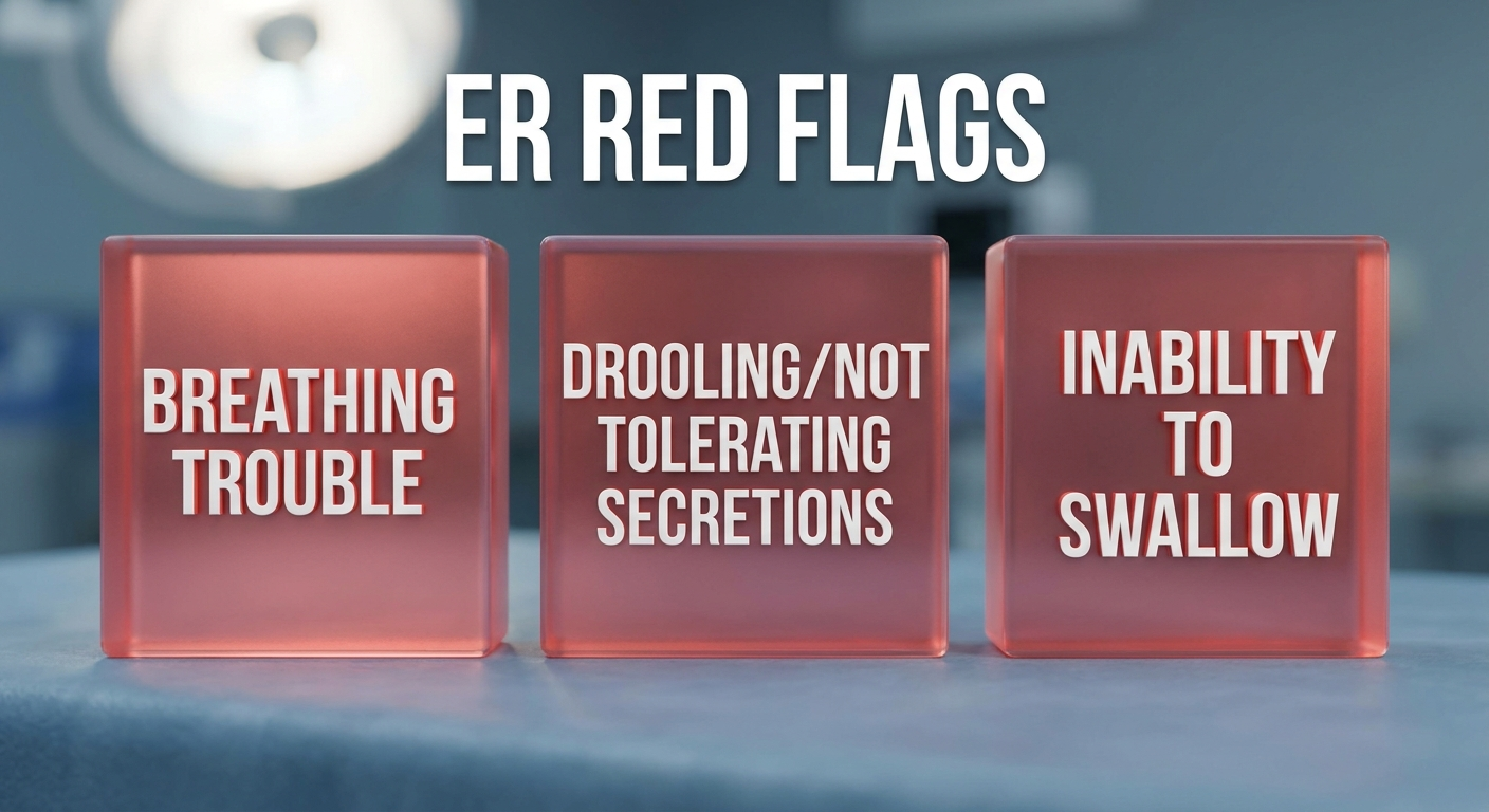 ER red flags: breathing trouble, drooling/not tolerating secretions, inability to swallow