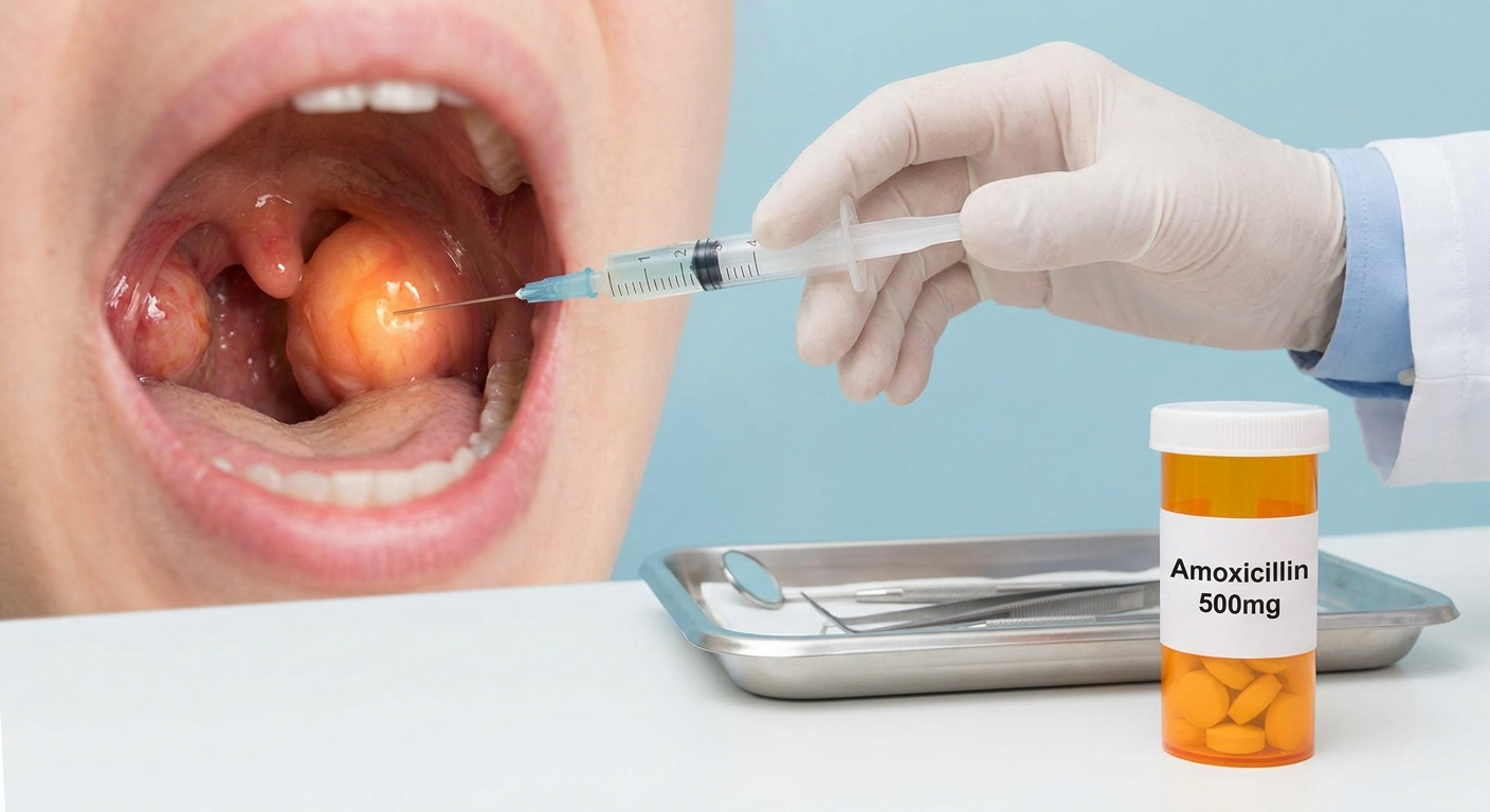 Treatment: needle aspiration plus antibiotics with syringe and pill bottle