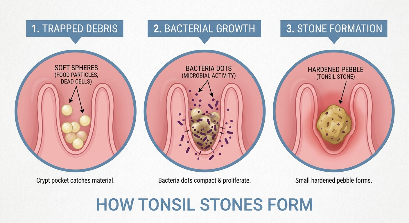 How tonsil stones form in three steps: debris caught in crypt, bacteria compact, hardened pebble