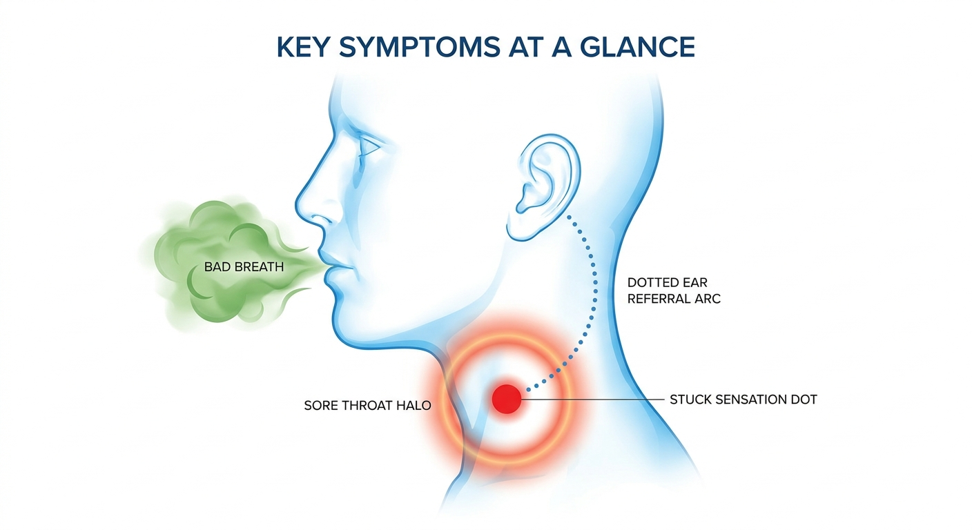 Tonsil stone symptoms around head and neck: bad breath, sore throat, stuck sensation, ear referral