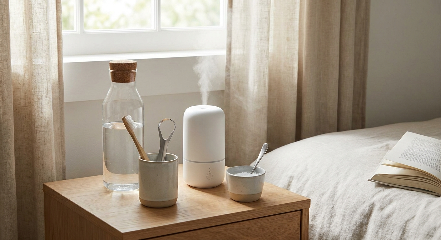 Prevention toolkit: hydration, brushing and tongue scraping, humidifier, salt-water gargles