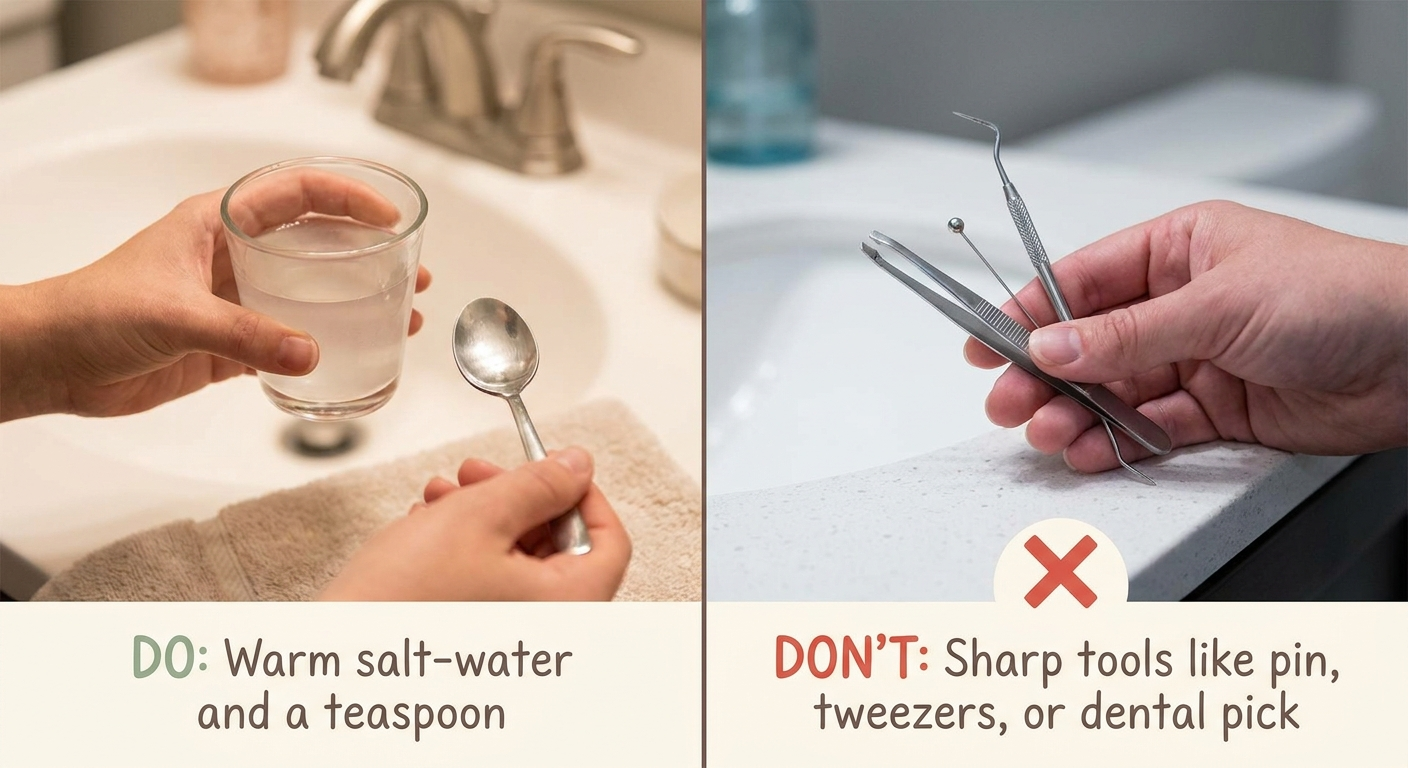At-home care: Do use warm salt-water; Don’t use sharp tools like pins or tweezers