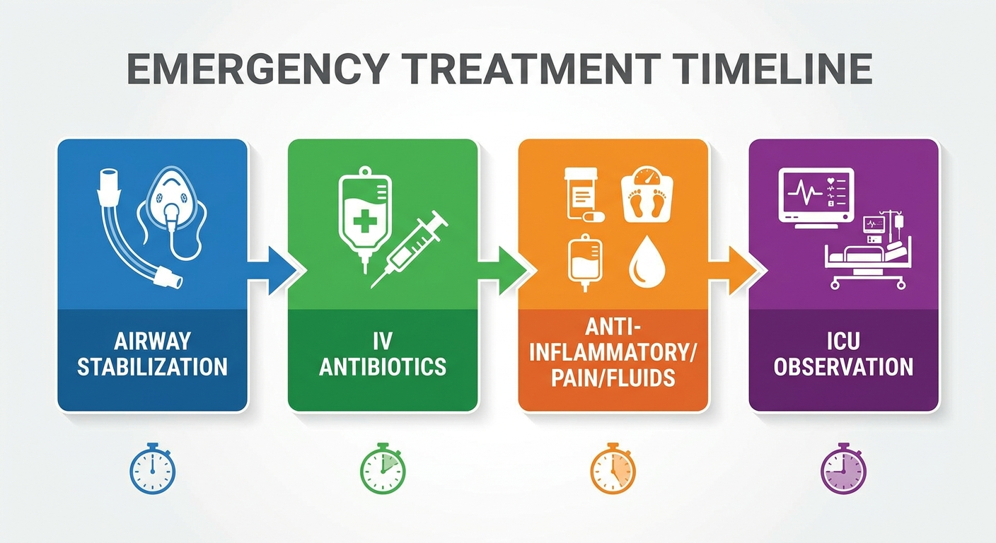 Emergency treatment timeline: airway stabilization, IV antibiotics, anti-inflammatory/pain/fluids, ICU observation.