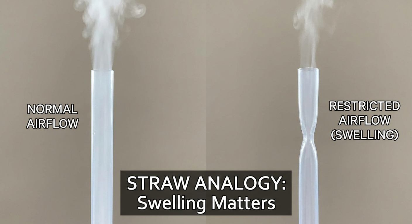 Straw analogy: normal wide straw vs narrowed pinched straw showing airflow resistance.