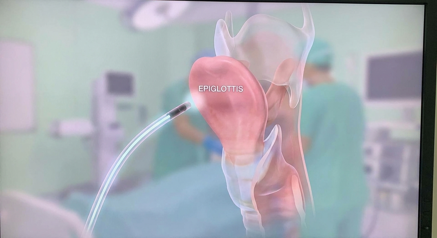 Flexible laryngoscopy scene with scope and thumb-shaped epiglottis.
