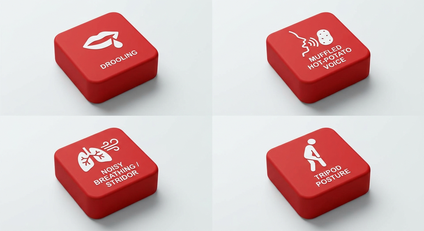 Four minimal 3D red-flag tiles: drooling, muffled hot-potato voice, noisy breathing/stridor, tripod posture.
