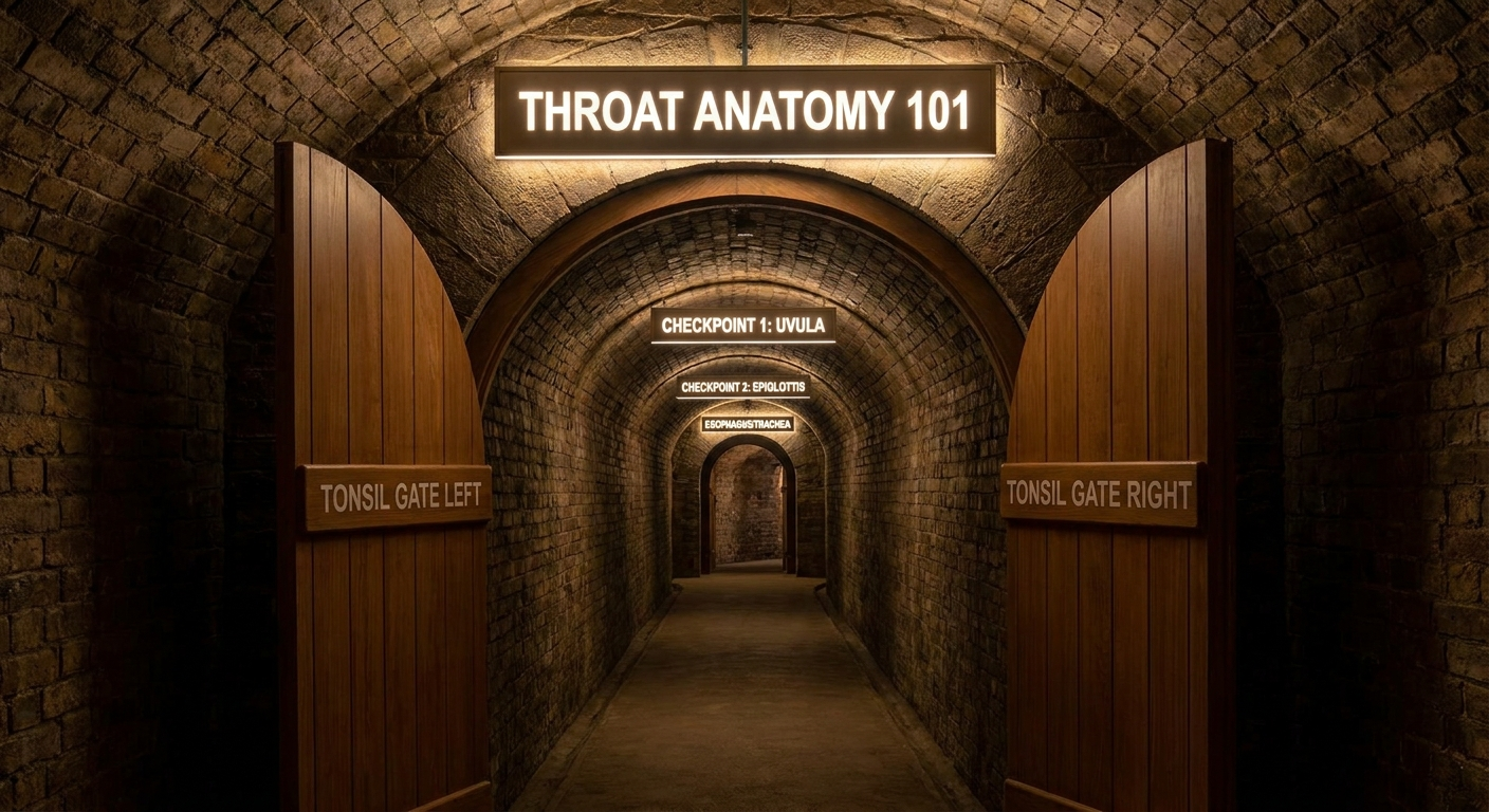 Throat anatomy 101: hallway-and-checkpoints metaphor with a receding tunnel and two rounded tonsil gates near the foreground.