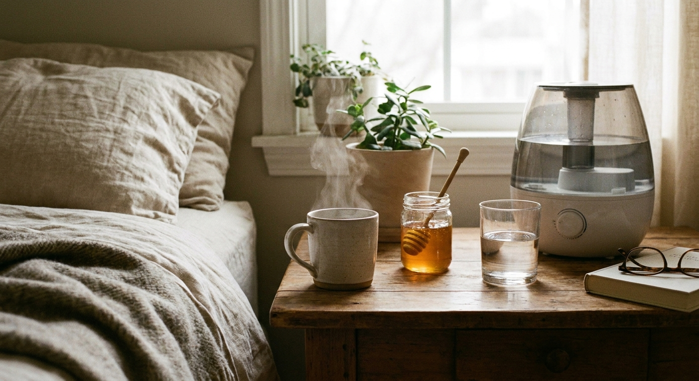 At-home care vignette: steaming mug, humidifier, honey jar, and water glass on a bedside table.