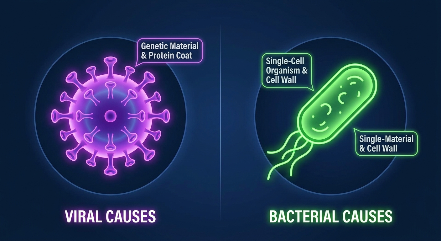 Viral vs bacterial causes: stylized virus sphere beside a bacterium capsule.