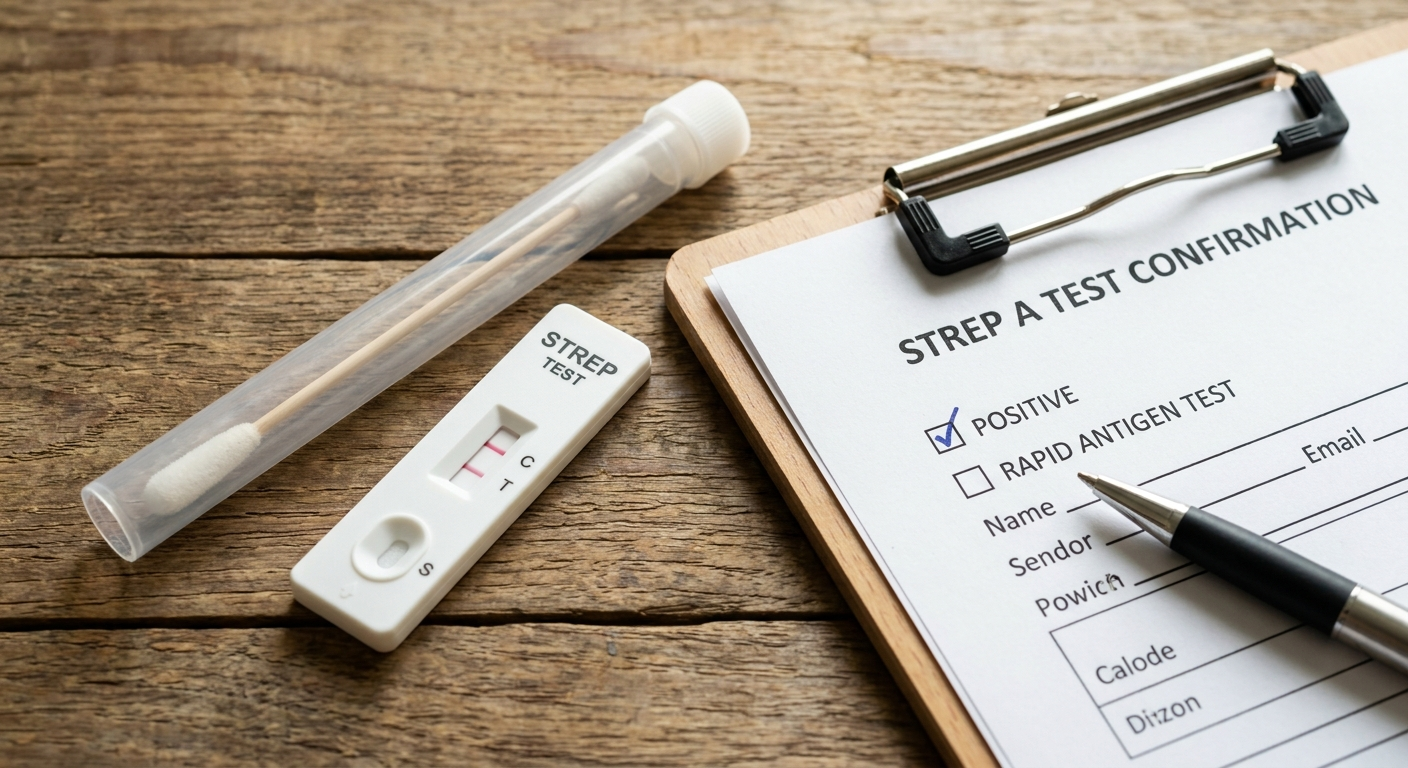 How strep is confirmed: throat swab, rapid test cassette, and checklist clipboard.