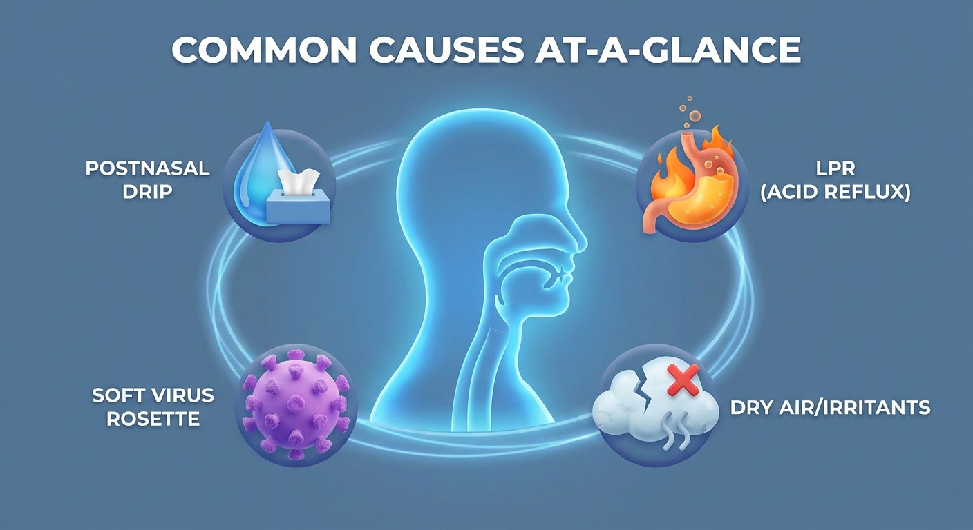Common causes at a glance: icons for postnasal drip, LPR, virus, and dry air or irritants around a throat silhouette