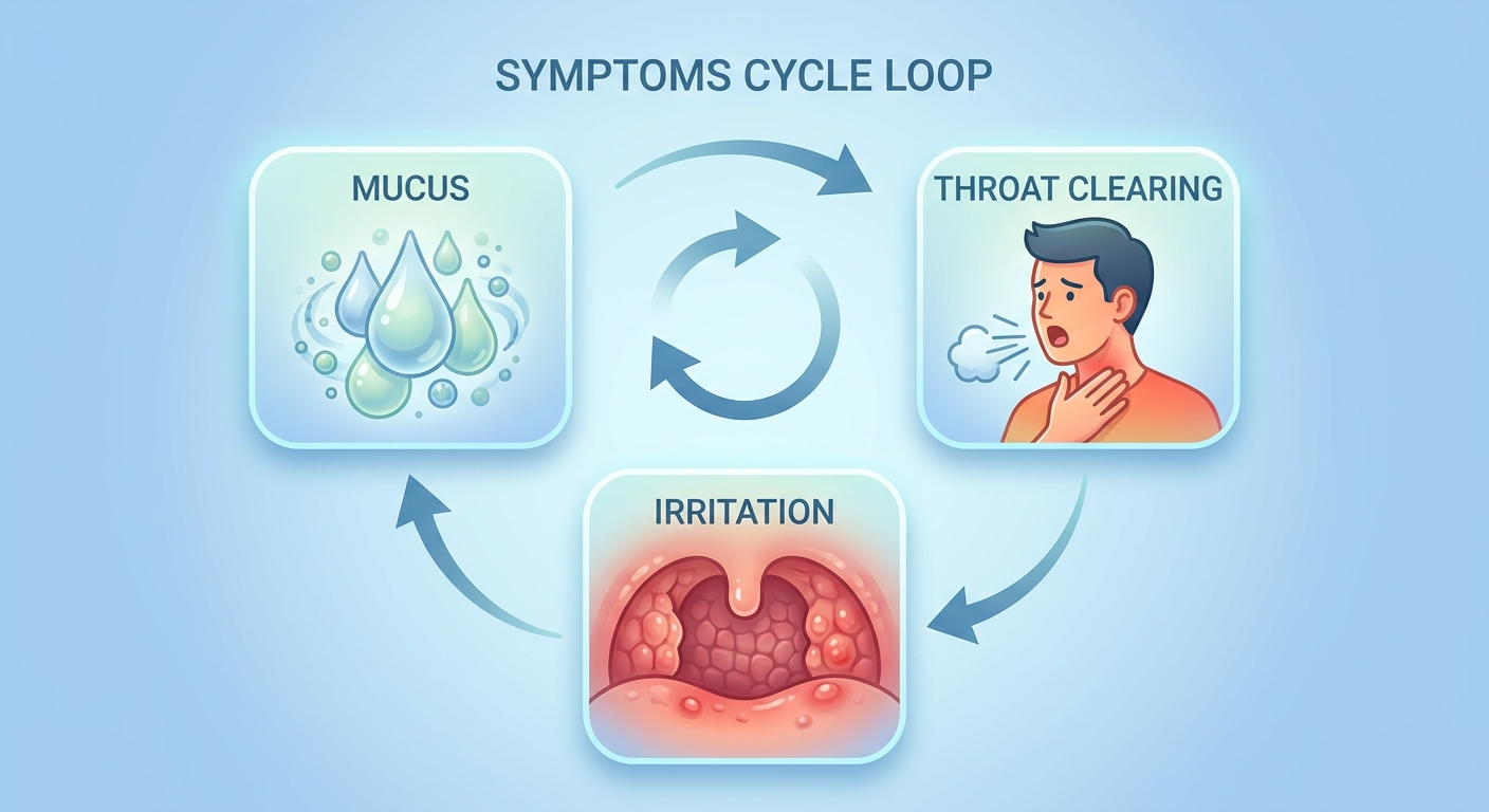 Symptoms cycle: mucus, throat clearing, irritation shown in a loop with droplet, cough, and cobblestoned wall icons