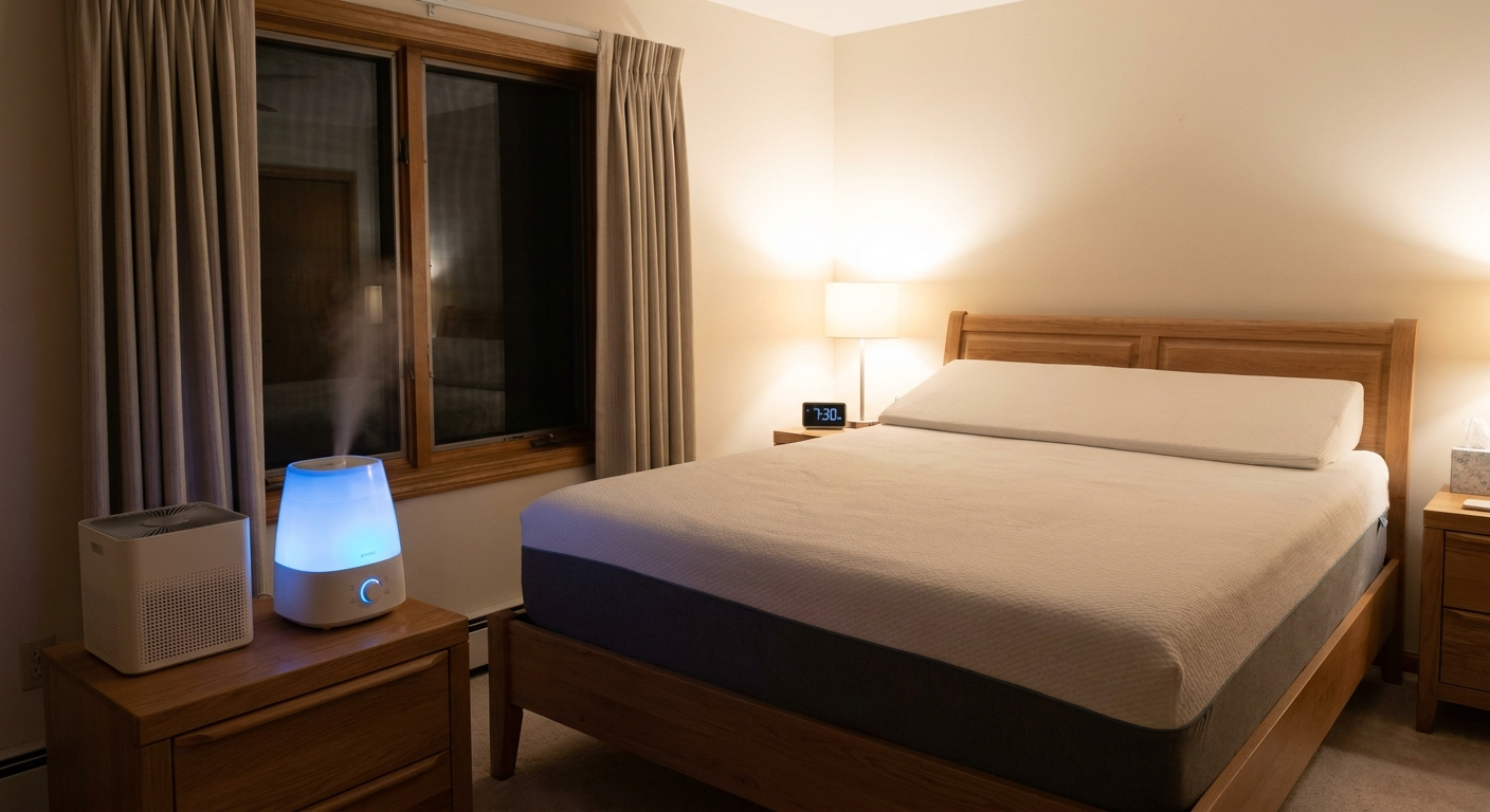 Lifestyle prevention: elevated head of bed, bedside humidifier, HEPA filter, closed window, earlier evening clock