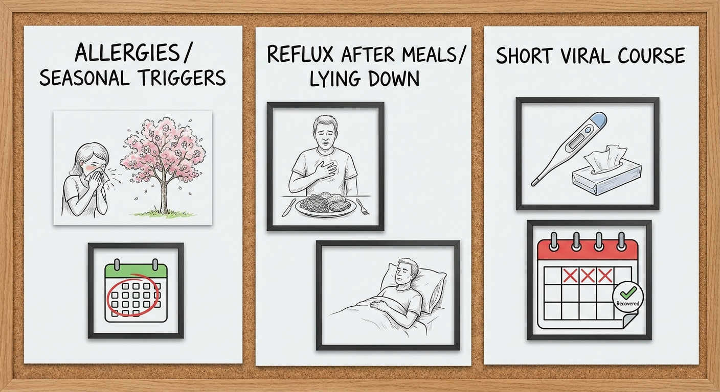 Clues to cause: allergies with seasonal triggers, reflux after meals or lying down, and a short viral course