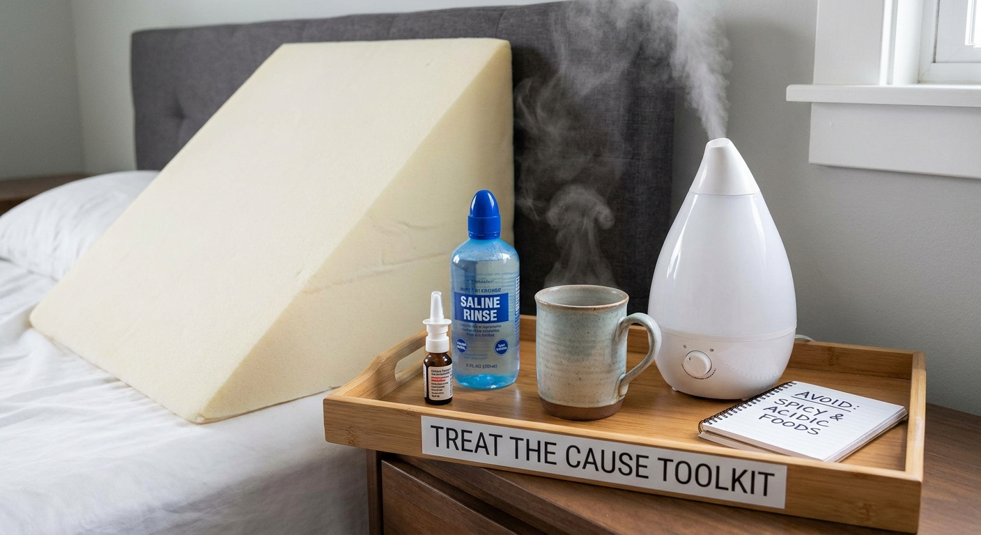 Treat-the-cause toolkit: saline rinse and spray, wedge pillow, steam, humidifier, and reflux trigger avoidance