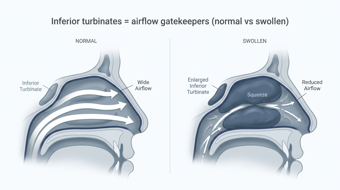 Normal vs swollen inferior turbinates affecting airflow