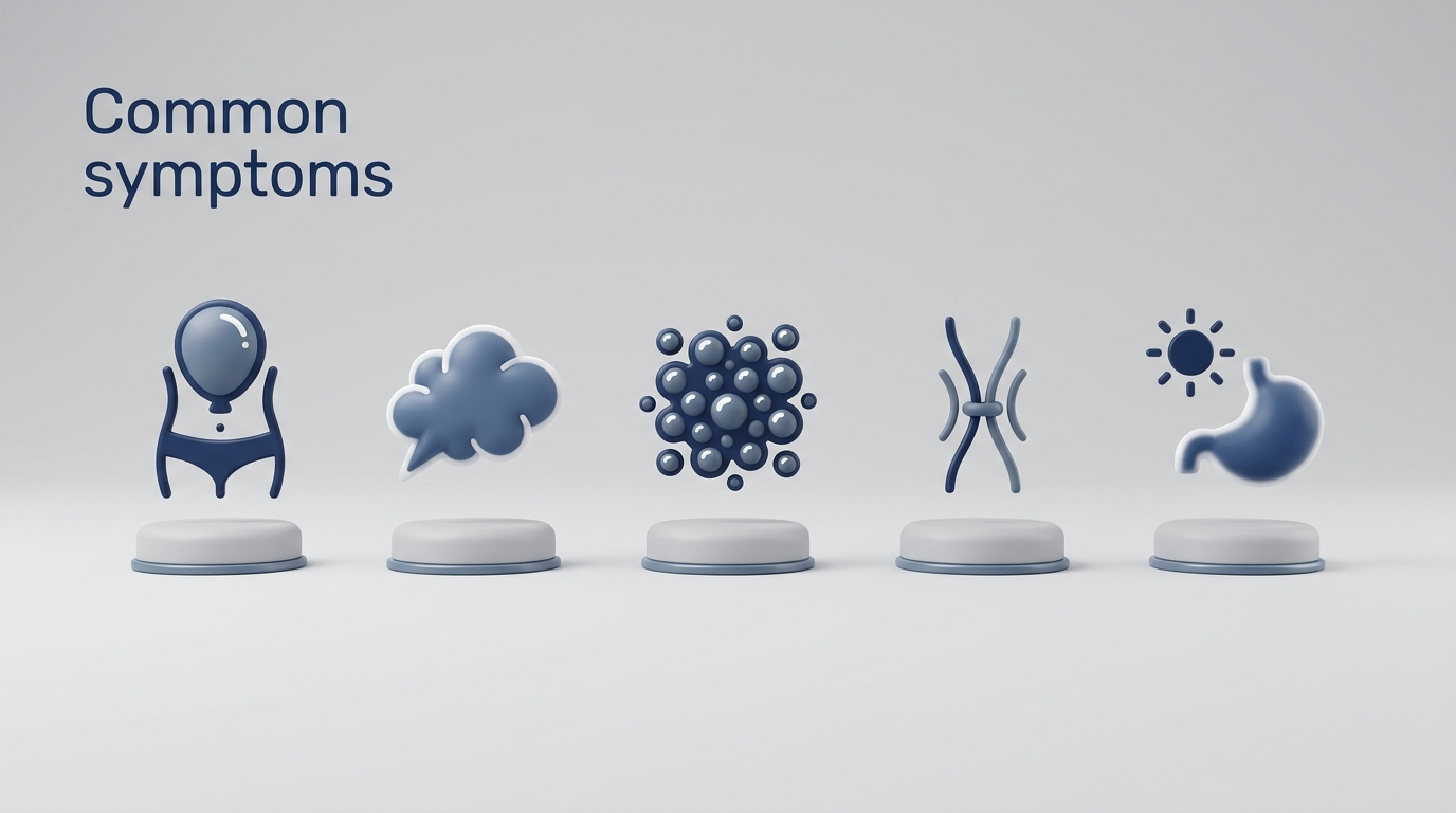 Common symptoms icons: bloating, belching, gas, cramping, morning fullness