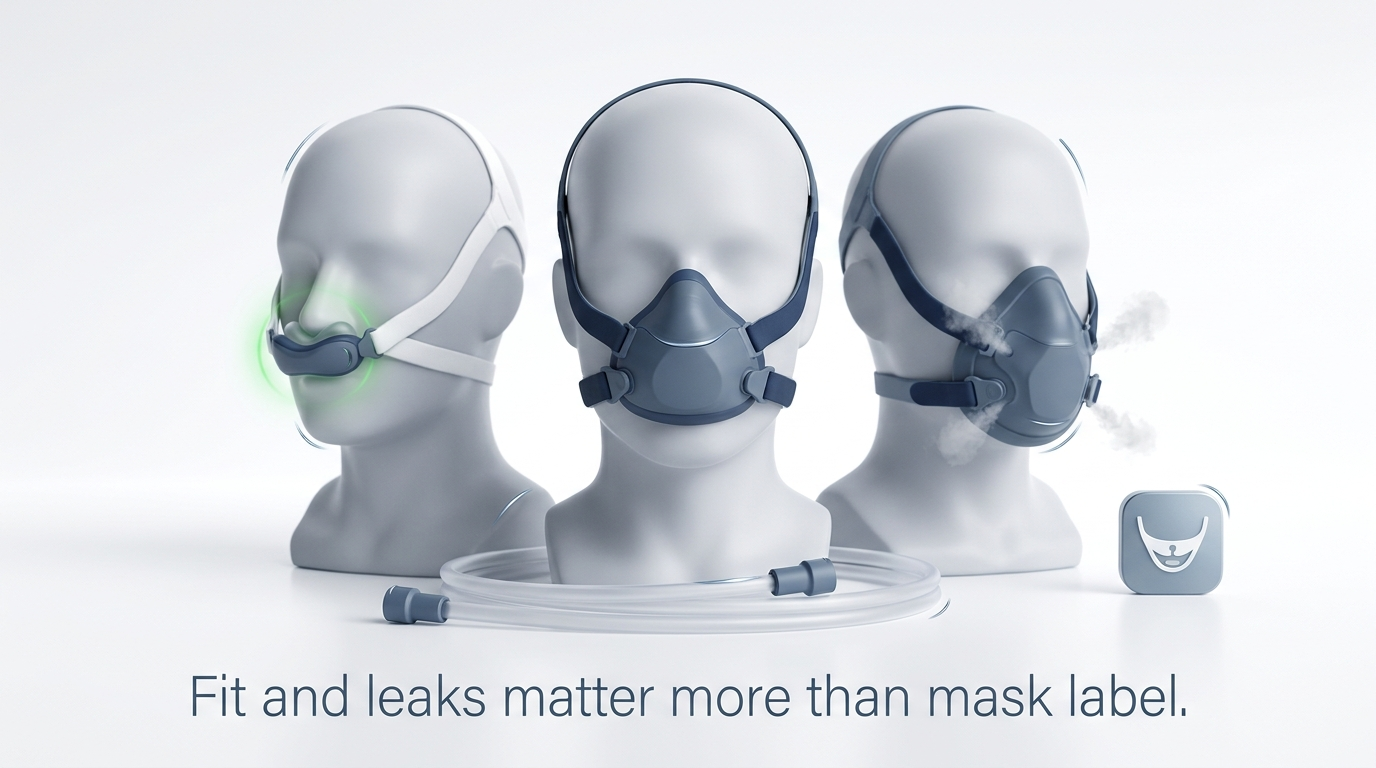 Mask options lineup: nasal pillows, nasal mask, full-face with leak vs good seal cues