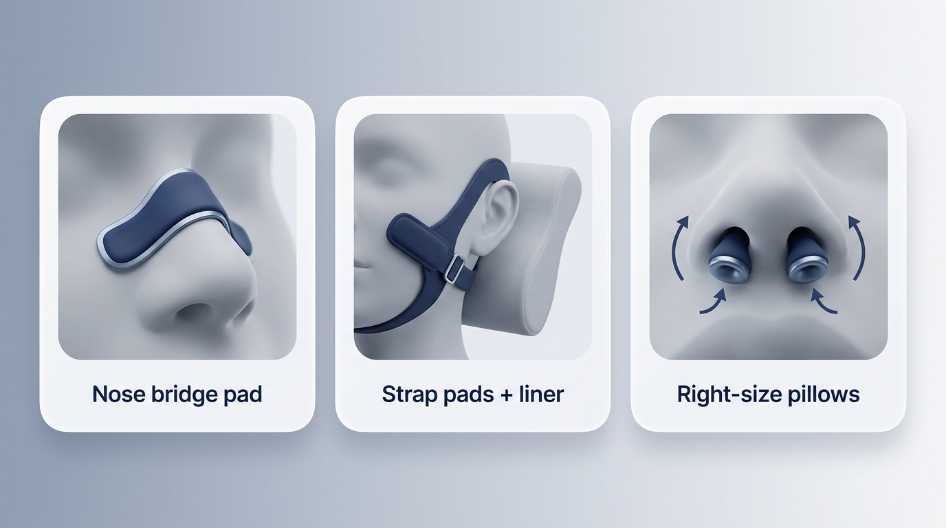 Targeted fixes by location: nose bridge pad, strap pads + liner, right-size pillows