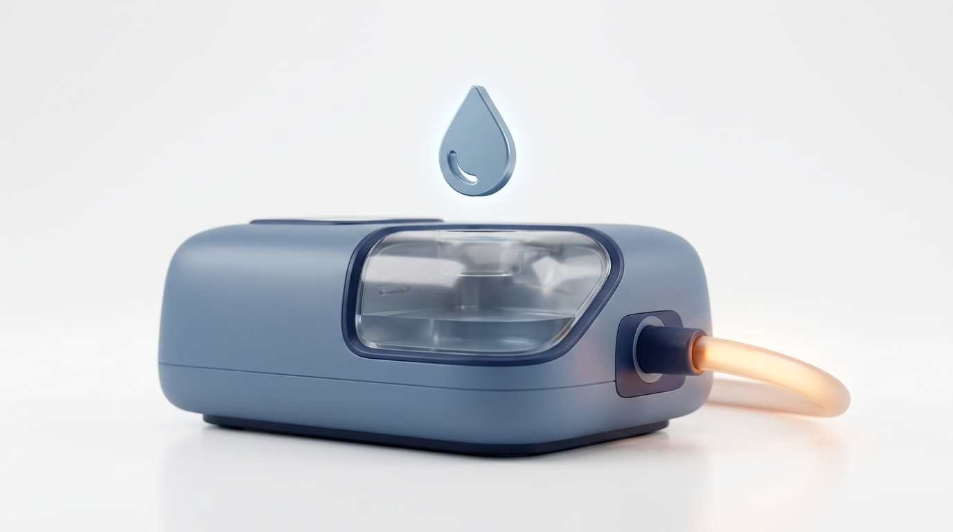 CPAP machine with water chamber and droplet icon for humidification