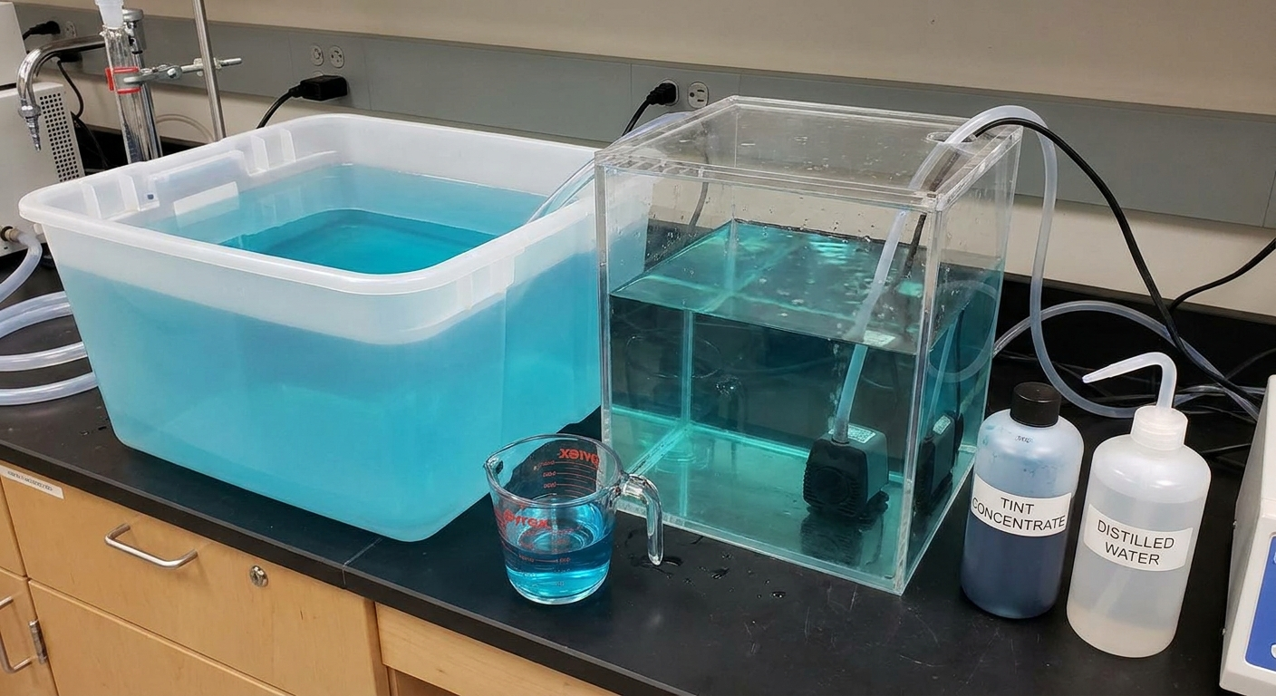 Tub with diluted solution, CPAP chamber, measuring cup, and bottles for a vinegar soak