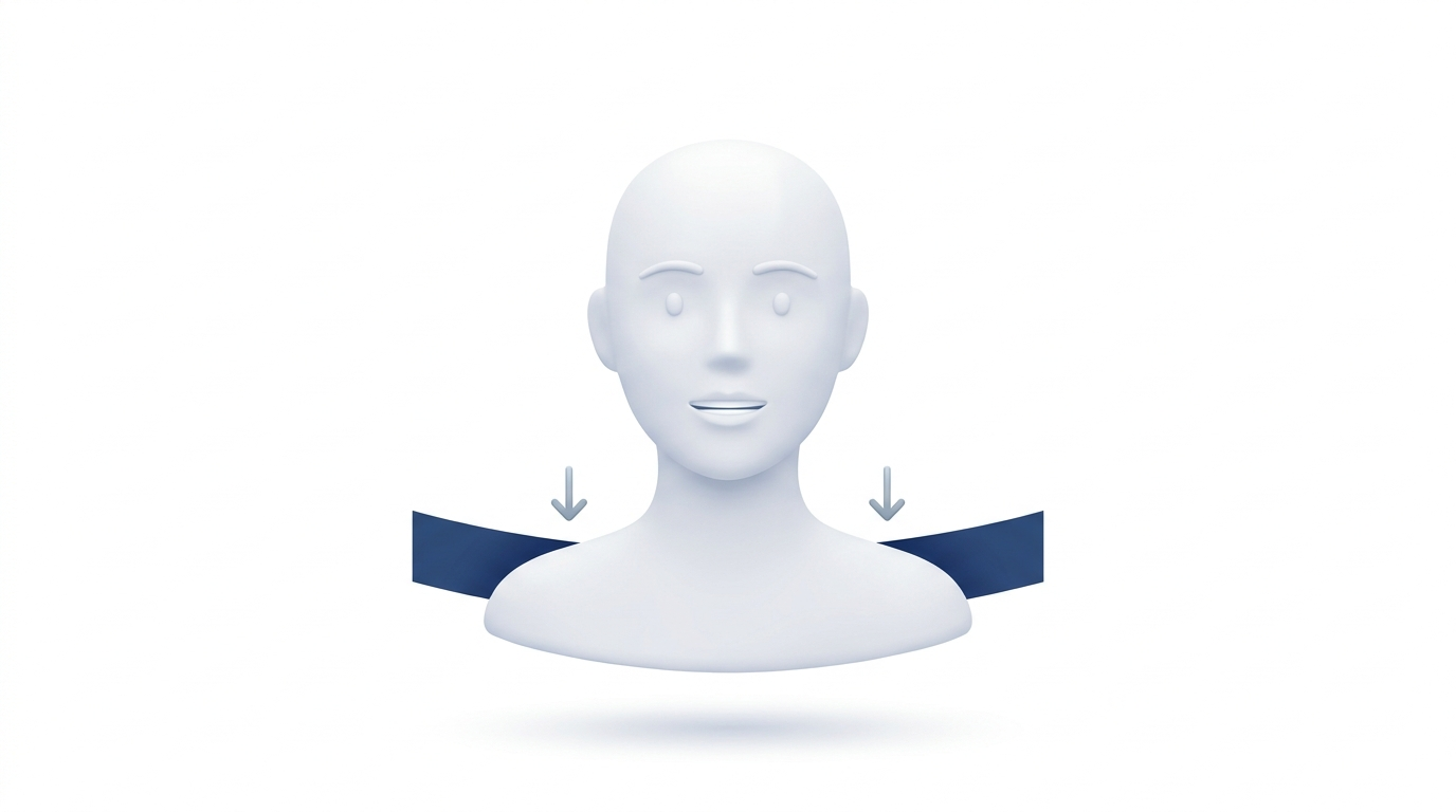 Relaxed jaw posture: calm face with slight teeth separation and downward shoulder arrows.