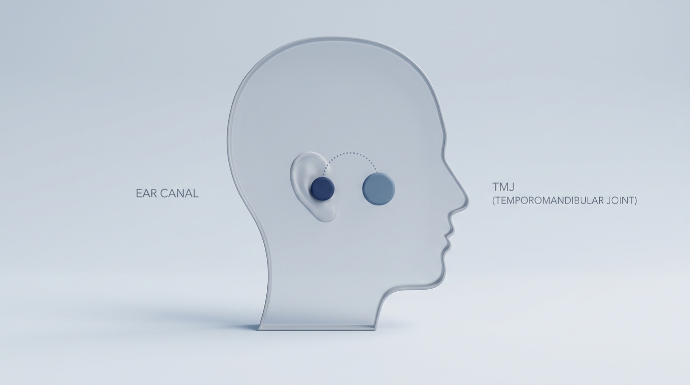 TMJ and ear neighbors: minimal side-profile with markers over the ear canal and just anterior at the TMJ connected by a dotted arc.