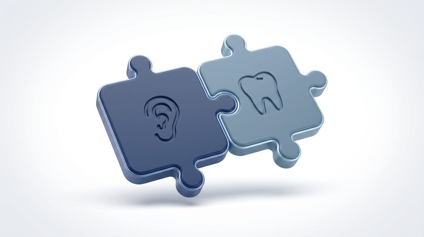 ENT and dental teamwork: interlocking tiles with ear and tooth icons.